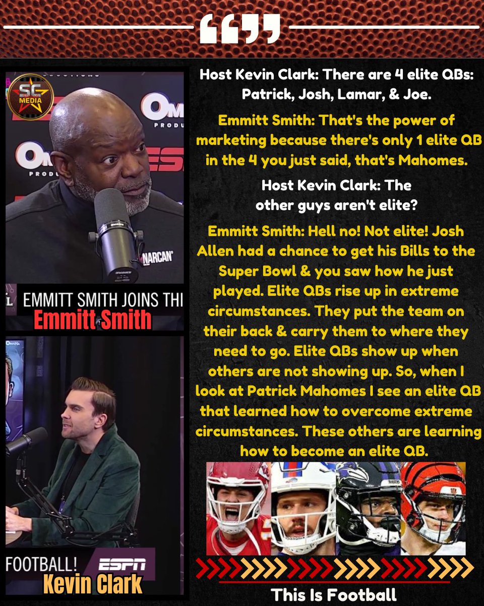 NFL HOF #DallasCowboys RB Emmitt Smith believes there's only 1 elite QB, #PatrickMahomes! 

via | <a href="/bykevinclark/">Kevin Clark</a>