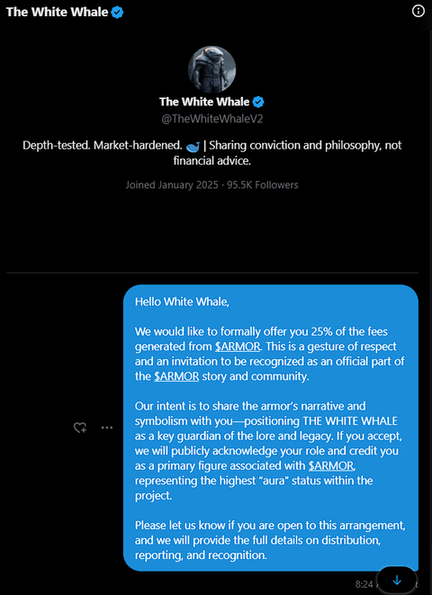 theARMORsol's tweet image. We will formally coordinate with Big Trout and The White Whale to establish a partnership under $ARMOR. Each will receive 25% of the fees, totaling 50% allocated to our runners. The remaining 50% will be reserved for ongoing community rewards, incentives, and project…