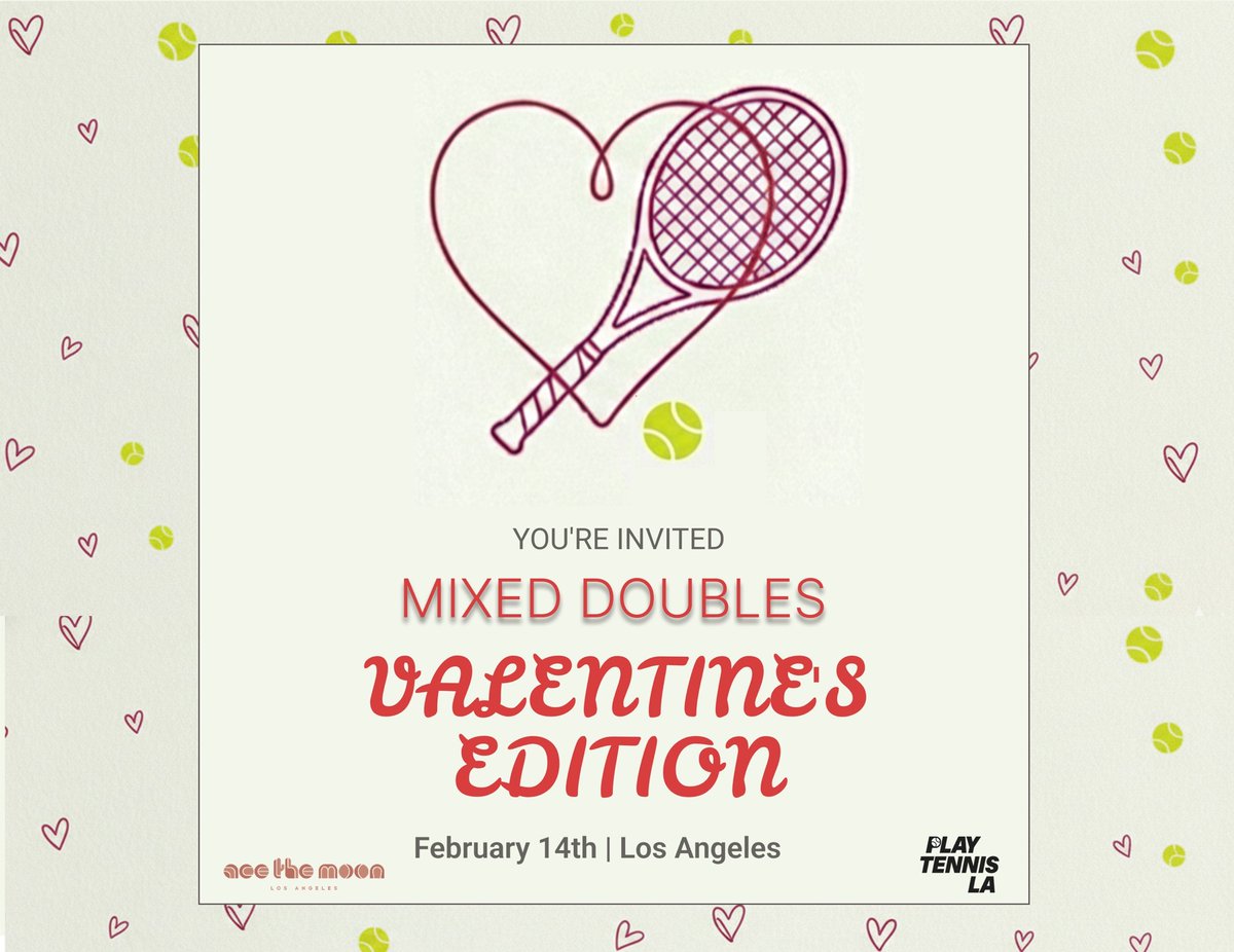 PlayTennisLA's tweet photo. Looking for Love on Valentine's Day?

​Join us for a fun, social mixed doubles event designed to help players meet and compete in a low-pressure format.

Register now --> https://t.co/6RXYSjfdmH

#tennis #ValentinesDay #LosAngelesCA https://t.co/8erZ6EqfHb