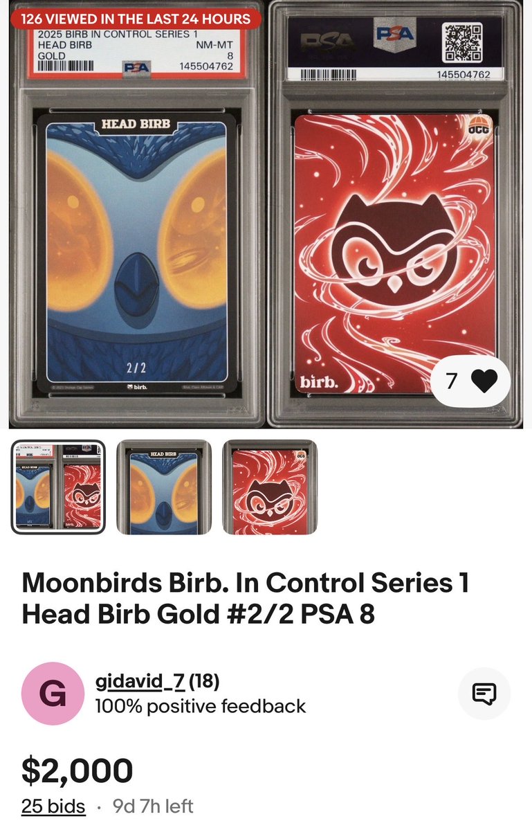 A <a href="/PSAcard/">PSAcard</a> graded 2/2 Head birb card currently is for sale on <a href="/eBay/">eBay</a> with a bit of $2k and 9 days left. Excited to see where this lands. Will be a big sale for the growth of birb collectibles.