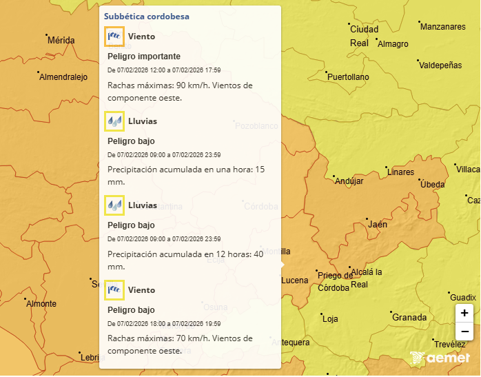 Actualizados los avisos para mañana sábado 7:

- Naranja por viento (rachas máximas de 90km/h), de 12:00h a 17:59h.

- Amarillo por viento (rachas máximas de 70km/h), de 18:00h a 19:59h.

- Amarillo por lluvia (acumulado en una hora de 15 mm, y de 40 mm en 12 horas).

#Precaución