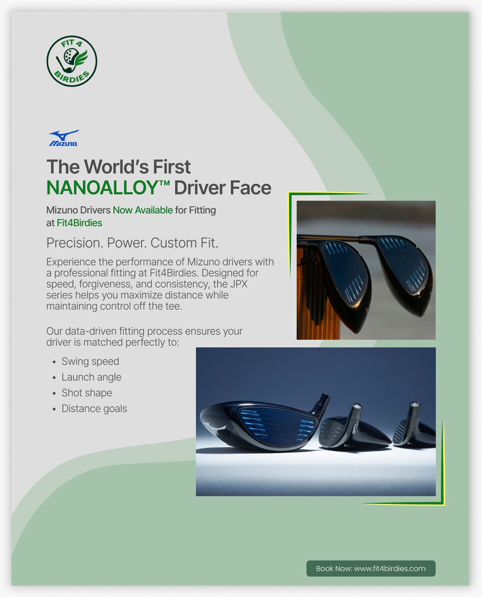 Fit4Birdies's tweet image. ⛳ Precision. Power. Custom Fit

Mizuno drivers with the world’s first NANOALLOY™ driver face are now available for fitting at Fit4Birdies. 

📲 (737) 424-3061
👉 Book your Driver Fitting: fit4birdies.com

#Fit4Birdies #MizunoGolf #DriverFitting #CustomGolfFitting #Golf