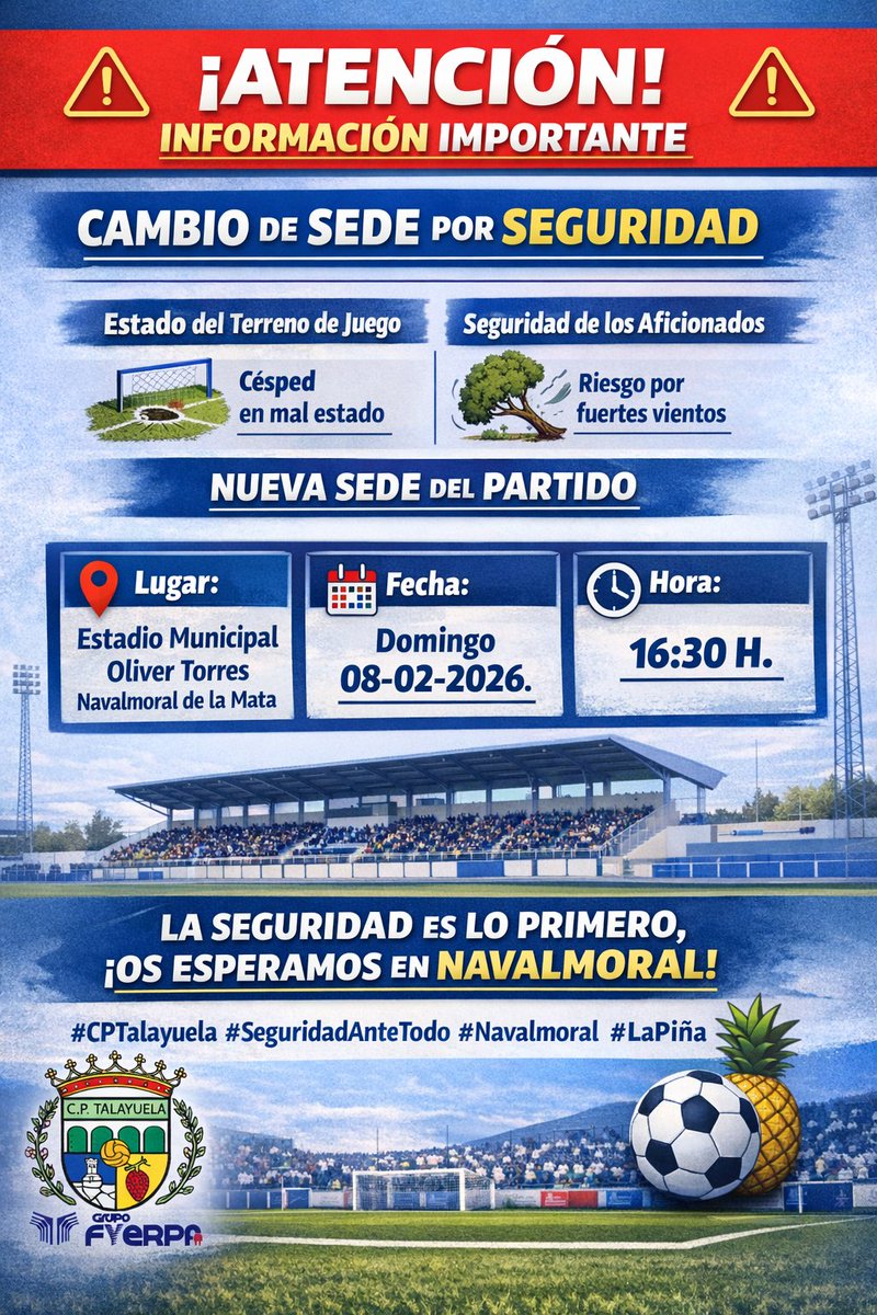 ⚠️ AVISO IMPORTANTE
​Por seguridad de jugadores y afición (riesgo por arbolado y mal estado del campo), jugaremos el domingo en el Oliver Torres de Navalmoral (16:30h).
​Queremos evitar riesgos innecesarios para nuestra gente y la del <a href="/AmanecerCp/">Cp Amanecer</a>. 🤝
​#CPTalayuela  #Navalmoral