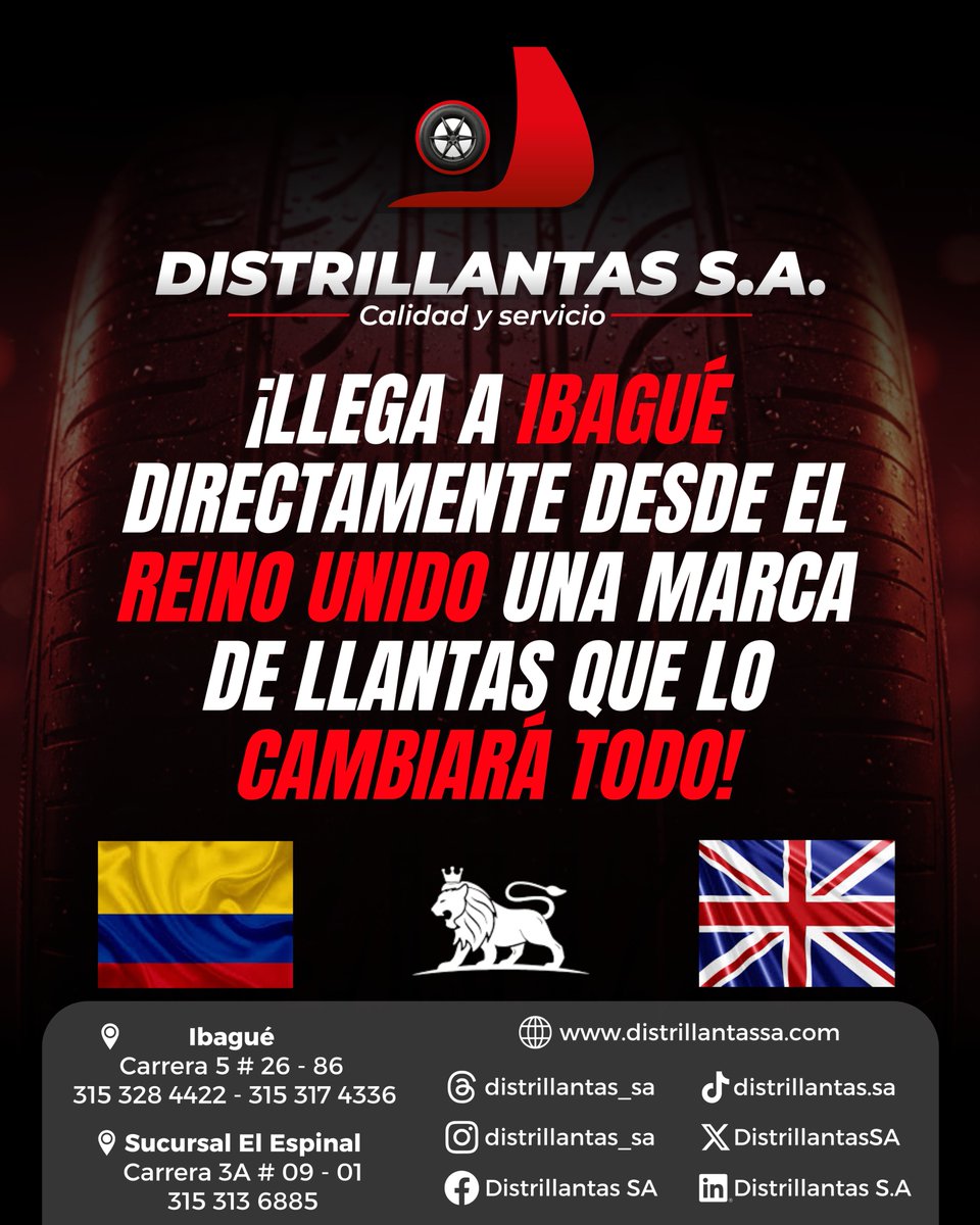 DistrillantasSA's tweet photo. ¡IBAGUÉ, PREPÁRESE! 🔥

Traemos directamente desde el Reino Unido la marca que revolucionará las calles de nuestra ciudad. Calidad de clase mundial ahora en Distrillantas.

#llantasnuevas #ibagué #distrillantas #arivocolombia #lanzamiento https://t.co/U9kW9JtatI