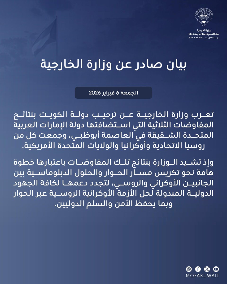 بيان صادر عن وزارة الخارجية
الجمعة 6 فبراير 2026

تعرب وزارة الخارجية عن ترحيب دولة الكويت بنتائج المفاوضات الثلاثية التي استضافتها دولة الإمارات العربية المتحدة الشقيقة في العاصمة أبوظبي، وجمعت كل من روسيا الاتحادية وأوكرانيا والولايات المتحدة الأمريكية.

وإذ تشيد الوزارة بنتائج