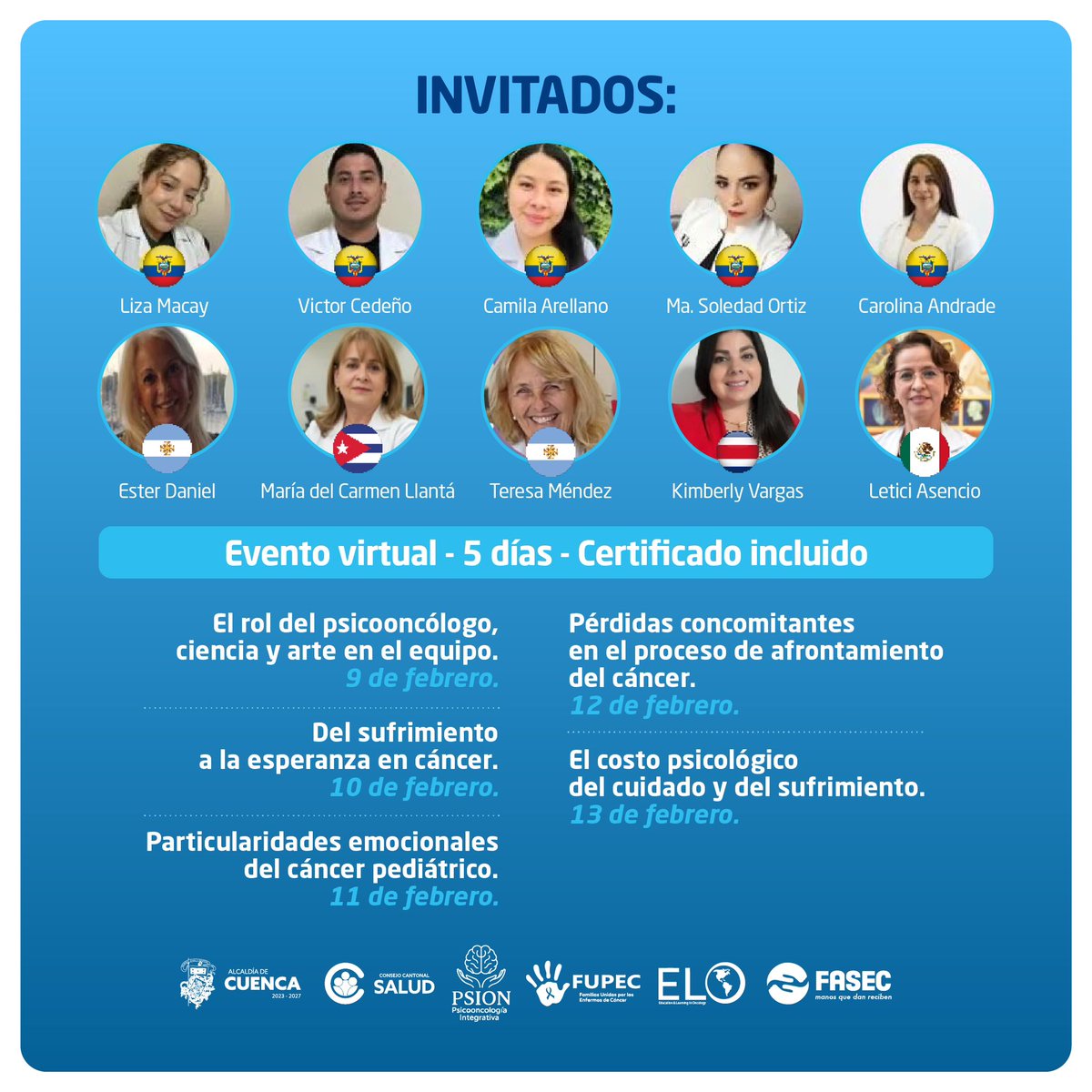 🧠 Jornadas Formativas de Psicooncología – PSION 2026.

📅 Del 9 al 13 de febrero de 2026
⏰ 19:00 a 21:00
💻 Modalidad: 1 hora teórica + 1 hora práctica por día.
🎓 Beneficios: Certificado de horas académicas + mini guía práctica

📲 Escanea el código QR
📝 Registra tus datos