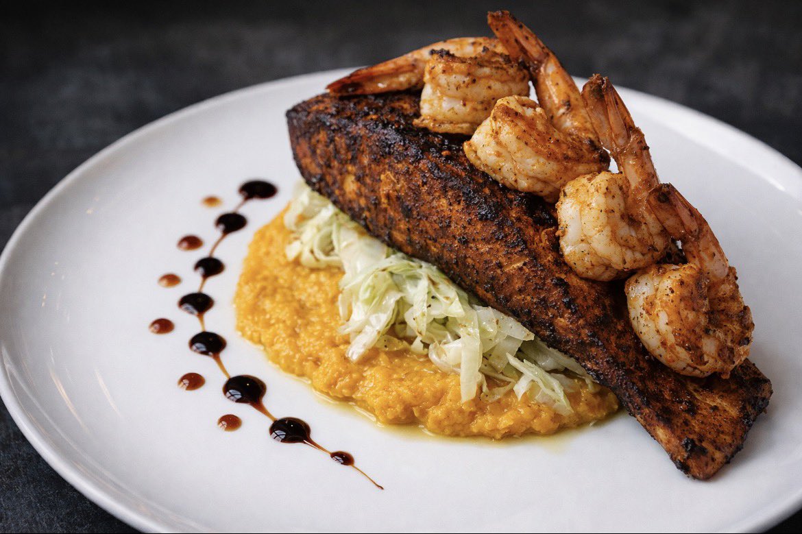 Blackened Salmon and Shrimp, Roasted Butternut Squash Purée, and Sautéed Cabbage
