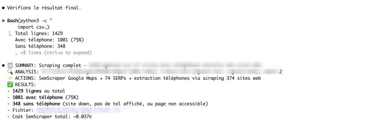 Récuperer de la data en direct sur Google Maps =>
1429 lignes au total
1081 avec téléphone (75%)
348 sans téléphone

Total : 0,037 euros, par <a href="/semscraper_fr/">Semscraper France</a> 

Il suffit de copier l'API, la doc, mettre sur Claude et lui indiquer votre besoin. Mot clé, lui dire ville ou alors