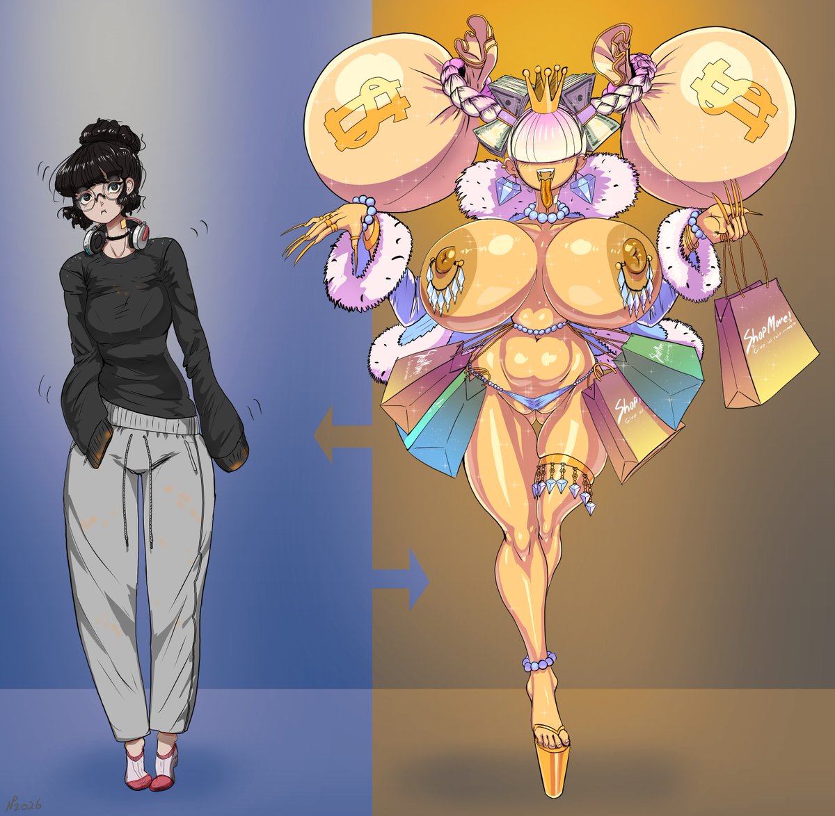 GaussCannonNSFW's tweet photo. Girl-failure with nanomachine neck patch that turns her into a corporate-greed-super-advertisement BIMBO thing against her will every other day. 
when transformed, she runs around extracting money (and fluids) for her corporate overlords then changes back to her Girl-failure form https://t.co/s7XYywIKV4