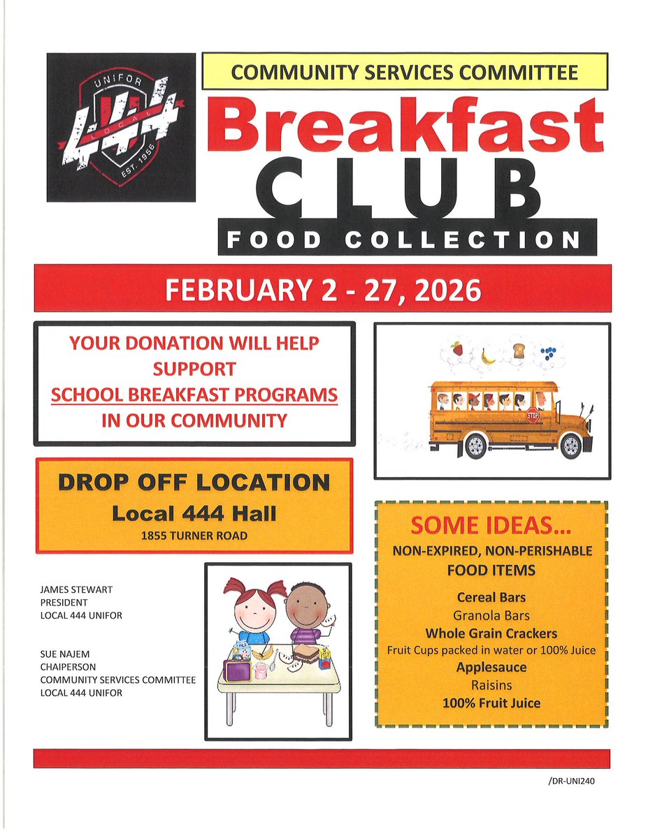 LOCAL444UNIFOR's tweet image. No child should start their school day hungry.
From Feb 2–27, Local 444 is collecting non-perishable breakfast items to support school breakfast programs in our community.
Drop off at 1855 Turner Rd.
#LocalProud #BreakfastClub