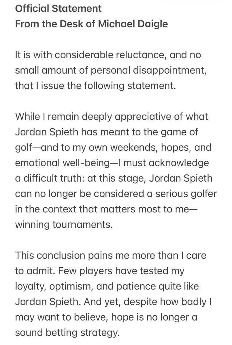 Mike_Daigle's tweet photo. ⛳️🏌🏻‍♂️🚨ATTENTION🚨⛳️🏌🏻‍♂️

My official statement regarding the state of Jordan Spieth.

Please respect my privacy at this time and continue to keep Jordan and I in your thoughts and prayers. https://t.co/oVTnKBZgLR