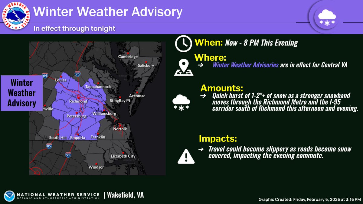 A Winter Weather Advisory has been issued for Central VA through 8 PM ...