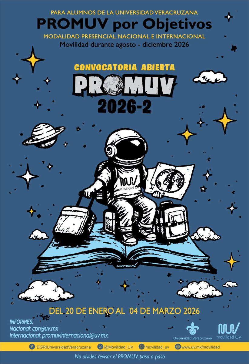 Movilidad_UV's tweet photo. #EstudiantesUV ya está abierta la Convocatoria PROMUV 26-2 
Realiza una movilidad nacional o internacional presencial en modalidad de asignaturas, investigación o vinculación durante el periodo agosto–diciembre 2026.
📷 Consulta toda la información en: https://t.co/ojD5GPMnnp https://t.co/TU7YF4bRTO