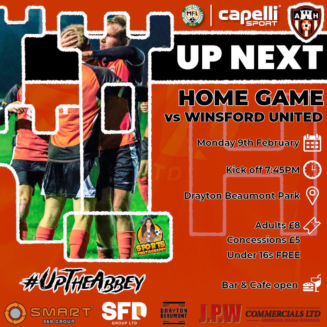 UP NEXT 🟠⚫️

No game tomorrow for the lads but they are back in action on Monday night.

Always a good game this one is, so get yourselves down and support the team.

🆚 <a href="/WinsfordUnited/">Winsford United</a> 
🏟️ Drayton Beaumont Park
⏰ 7:45pm Kick Off 
🎟️ £8 Adults, £5 Concessions &amp; U16s Free 
 🍺🍔