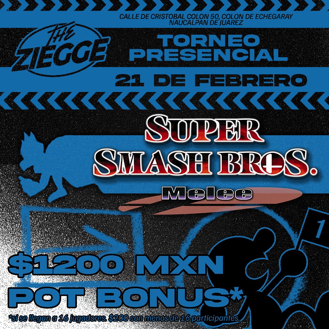 🔥 Melee regresa a The Ziegge 🔥
Querían MET. Tenemos MET.
💥 $1000 MXN de pot bonus cortesía de <a href="/Stevegil007/">RS/SBX | Stevegil007</a> (solo si hay más de 16 jugadores, no sean necios)

📅 21 de febrero
💰 $1200 MXN Pot Bonus*
📍 Cristóbal Colón 50, Colón Echegaray
🔗 start.gg/tournament/the…