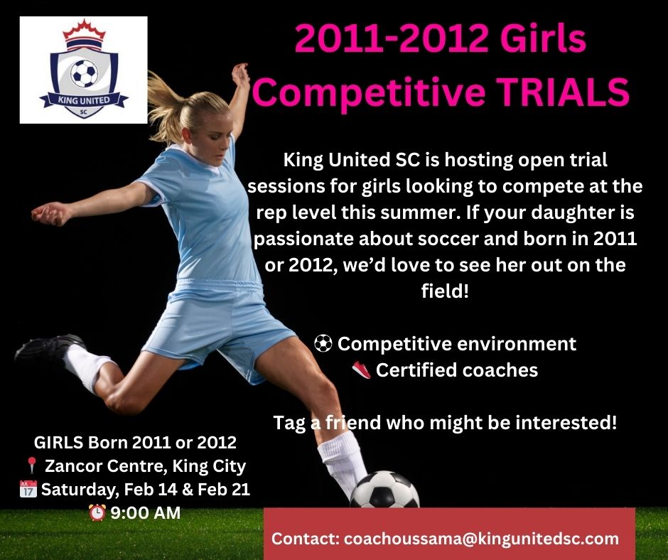KingUnitedSC's tweet photo. 2011 and 2012 Girls Competitive (REP) team. Join us on February 14th and 21st at 9am @ the Zancor Centre indoor turf. Tag a friend! #KingUnitedSC #GirlsSoccer #RepSoccer #KingCity #SoccerTrials #YRSL #U14 #U15 #OntarioSoccer #YouthSoccer https://t.co/JXTbmJpLXO