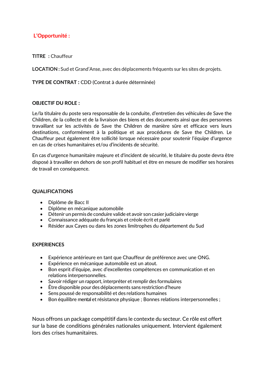 SCI_Haiti's tweet photo. Save the Children recrute un(e) chauffeur(euse) pour ses opérations dans le Sud et la Grand’Anse.
Les personnes intéressées sont invitées à envoyer un seul fichier PDF (CV + lettre de motivation) à : haitihradmin@savethechildren.org
Date limite : 17 février 2026. https://t.co/zki0d1is80