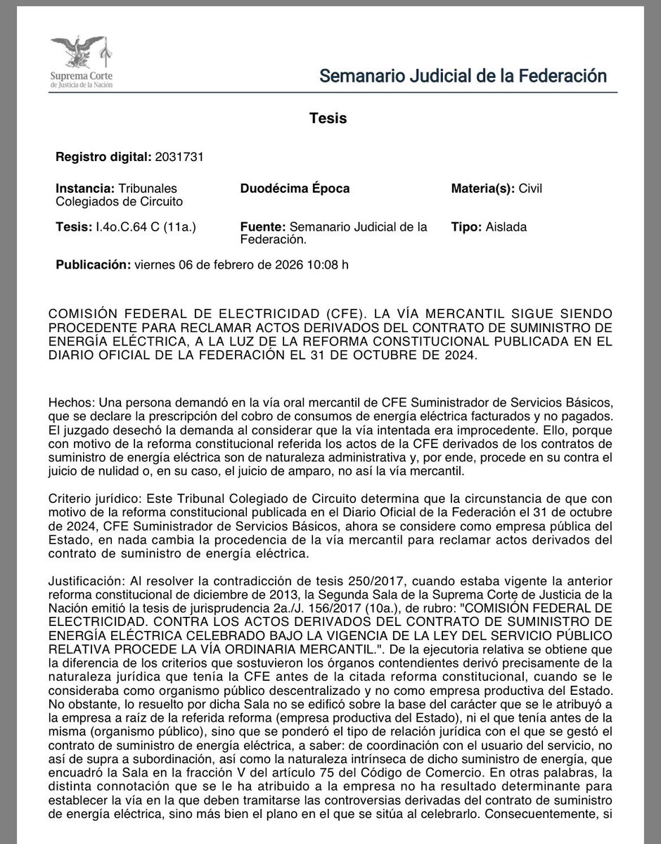 imnayibnava's tweet photo. Juzgados de Distrito siguen desechando demandas vs CFE por actos derivados del contrato de suministro, su argumento:

La vía mercantil no procede porque la CFE al ser empresa pública el contrato de suministro es materia administrativa.

Demuestran falta de conocimiento de la ley. https://t.co/AJk70mXQ1R