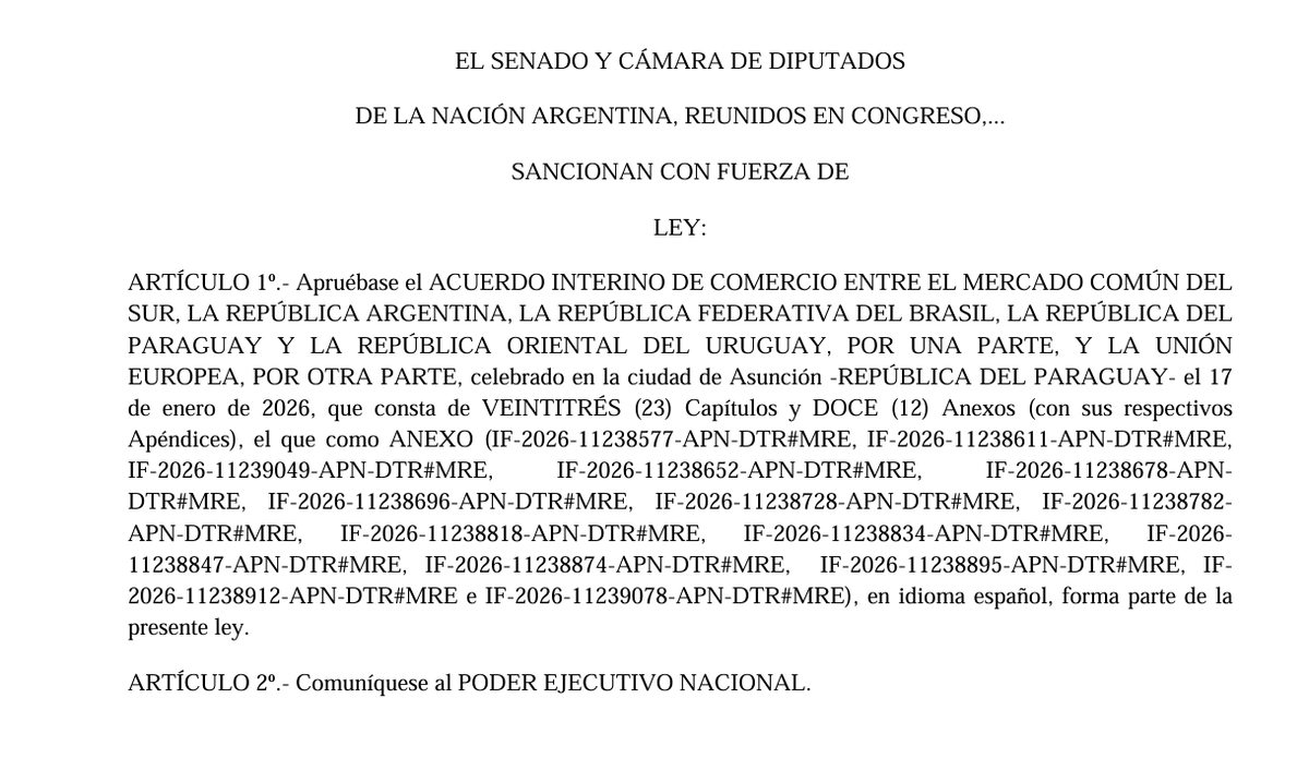 Ingresó a <a href="/DiputadosAR/">Diputados Argentina</a> el proyecto de Ley que aprueba el acuerdo entre el Mercosur y la Unión Europea.