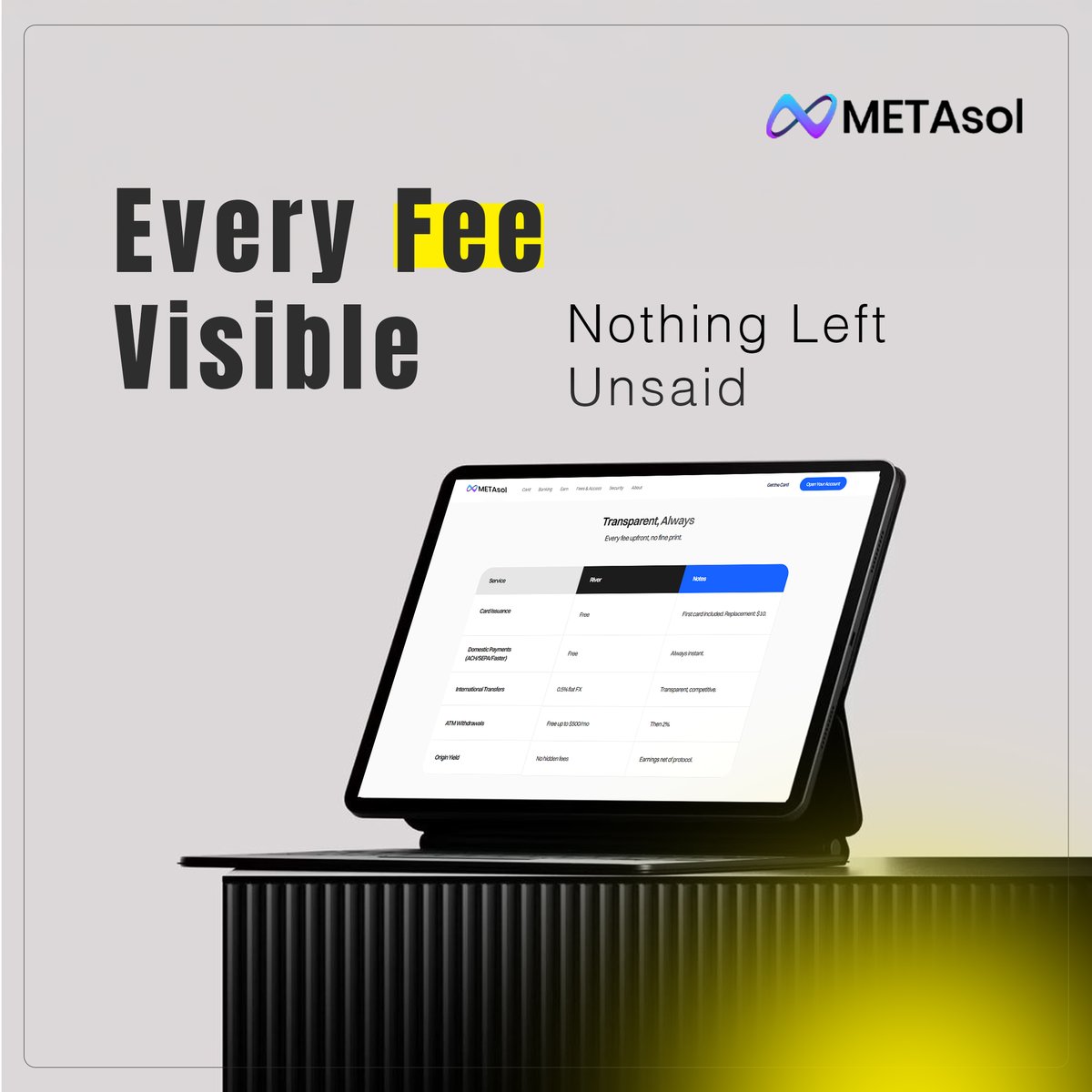 solnex25's tweet image. Transparency isn’t a feature. It’s a standard.
Every fee is visible, clearly defined, and fully accounted for.
No fine print. No hidden costs. Just honest economics designed for long-term trust.

#METAsol #TransparentFinance #ClearCosts