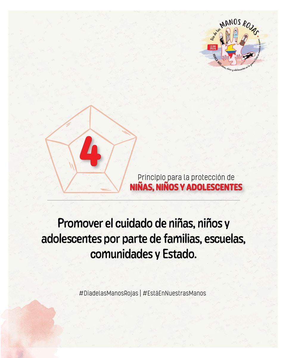 #EstáEnNuestrasManos, implementar estrategias efectivas para #Promover el cuidado de todas las personas menores de 18, especialmente en contextos de conflicto armado y violencias relacionadas.

 #DíadelasManosRojas
<a href="/Ninez_Ya/">NiñezYA – Sociedad Civil por la Niñez</a> <a href="/coalicocolombia/">COALICO</a>