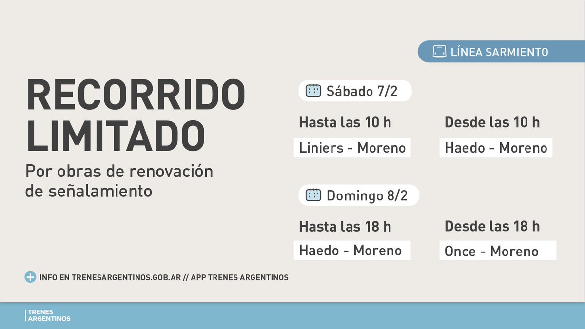 #TrenSarmiento  ⚠️
Durante el sábado 7 y hasta las 18hs del domingo 8 los trenes no saldrán ni llegarán a Once🔴
Circulan con recorrido limitado:
Sabado 7 hasta las 10hs Moreno- Liniers🟠
Sabado 7 desde las 10hs hasta las 18hs del domingo 8 Moreno- Haedo🟠🚆 via <a href="/AmbaTransporte/">Transporte AMBA</a>