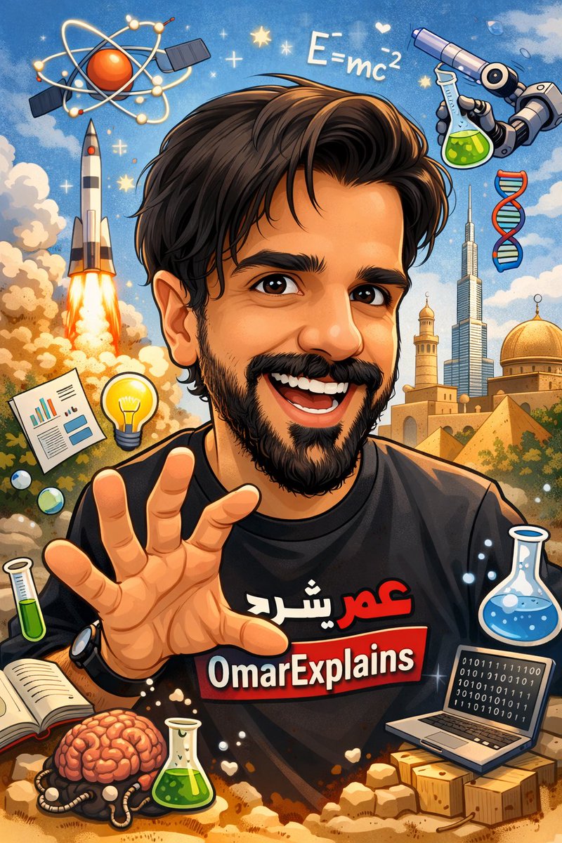 OmarExplains's tweet photo. اكتب في gpt : أنشئ رسمة كاريكاتيريه لوجهي واهتماماتي بناء على حديثنا وما تجده بالإنترنت عني. https://t.co/ObhuuQHGib