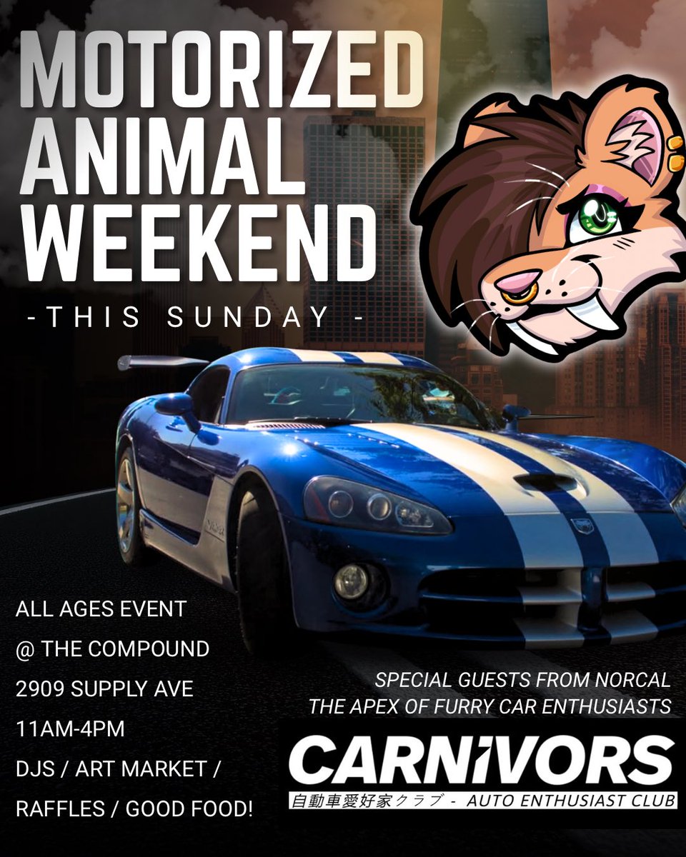MAW_events's tweet photo. Get to know &amp; a follow to CARNIVORES , a NorCal–based auto enthusiast club focused on creating real spaces for car lovers to connect, show builds, &amp; events catered to furry spaces. We’re proud to be collabing w them for this upcoming MAW Let’s show them a great SoCal greeting!! https://t.co/prCZFifq1l