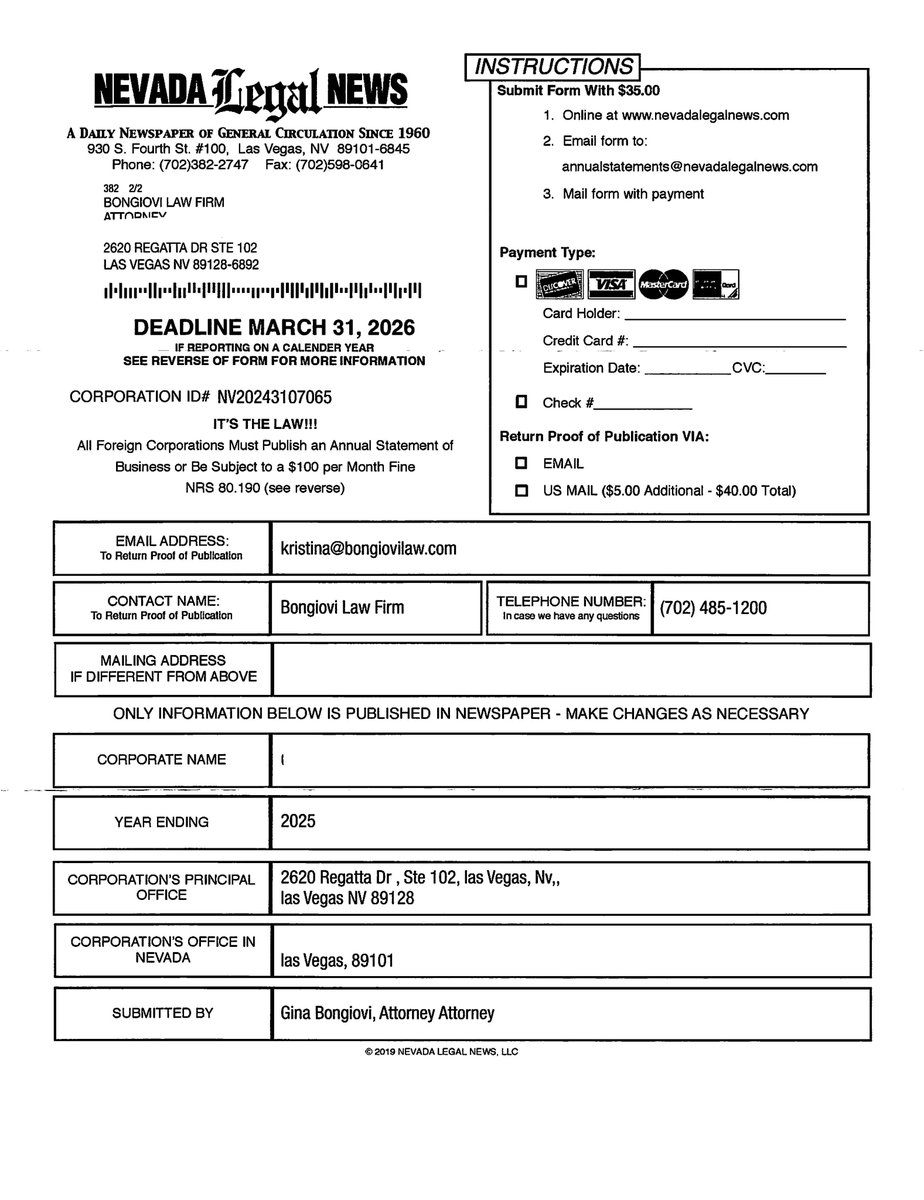 Nevada business owners:
If you receive a notification that looks like this one from Nevada Legal News, and your entity is a domestic Nevada entity, you don't have to publish. That requirement is only for foreign entities registered to do business in NV. #themoreyouknow
