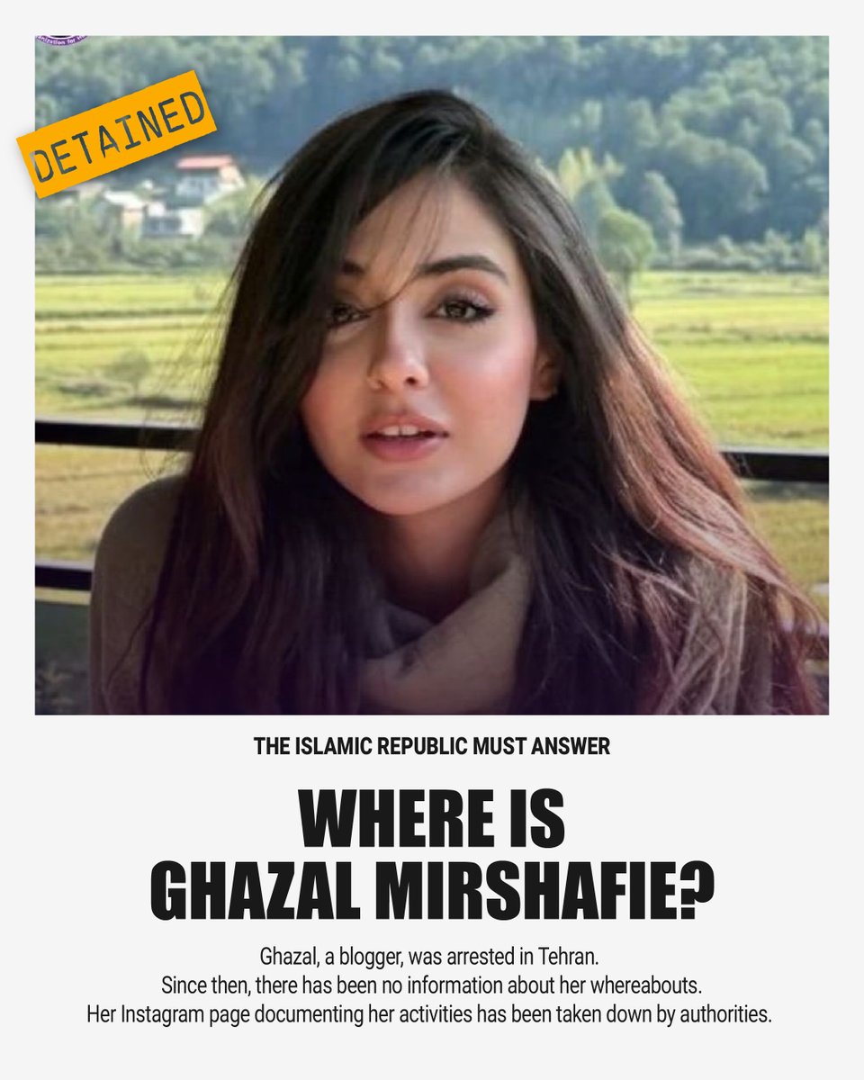 Ghazal Mirshafie, a blogger, was arrested in Tehran. There has been no information about her whereabouts since her arrest. Her Instagram account has been taken down by authorities.

Be her voice.

#غزل_میرشفیعی  
#بازداشت_غیرقانونی