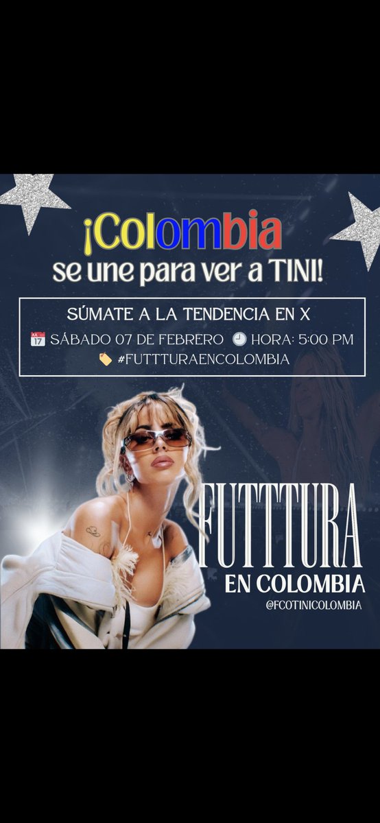 FCOTiniCoIombia's tweet photo. Tenemos que visibilizar que queremos a @TiniStoessel en Colombia, por eso los invitamos el día de mañana a partir de las 5 PM para hacer tendencia FUTTTURA EN COLOMBIA https://t.co/3Qj96N6tDj