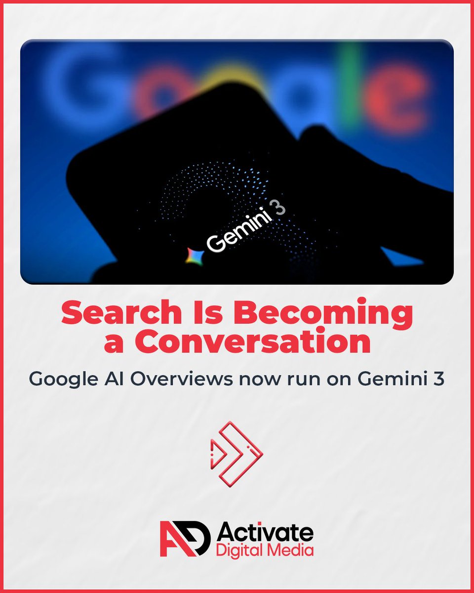 activatedigi's tweet photo. Search didn’t disappear—it evolved.  

With AI Overviews now powered by Gemini 3, Google is moving search toward conversation, not clicks. That means visibility isn’t just about ranking anymore but being the source the model trusts and cites.  

The brands that win won’t chase keywords alone.  They’ll structure expertise, anticipate follow-up questions, and design content for AI comprehension.  SEO isn’t dead. But strategies stuck in 2019 are.  

Rethink how your content earns visibility.   #SEO #AIOverviews #GoogleSearch #GEO #DigitalStrategy #ActivatreDigitalMedia