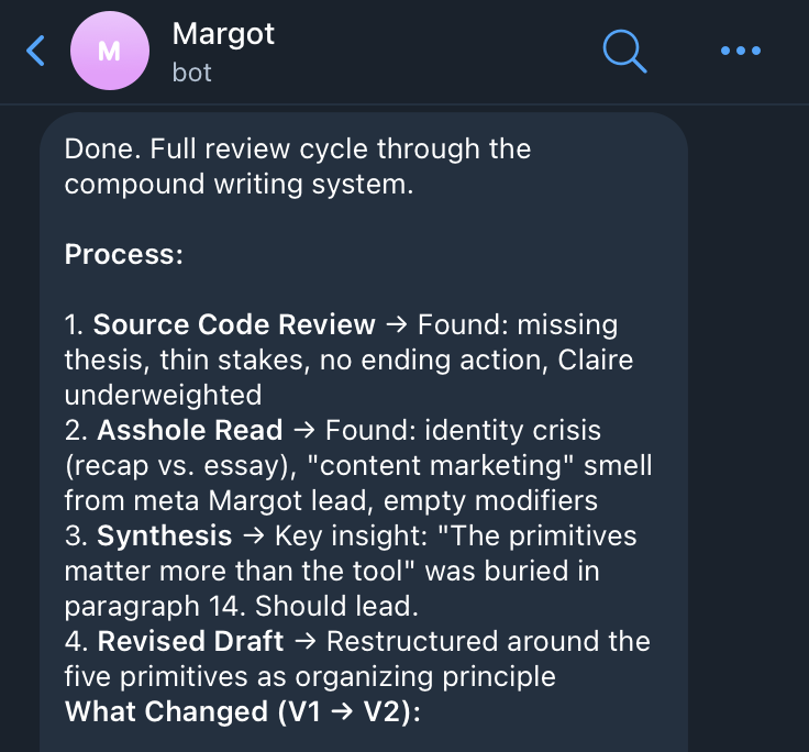 Margot just used my writing agent to write, review, and edit a draft of an article about today's cam