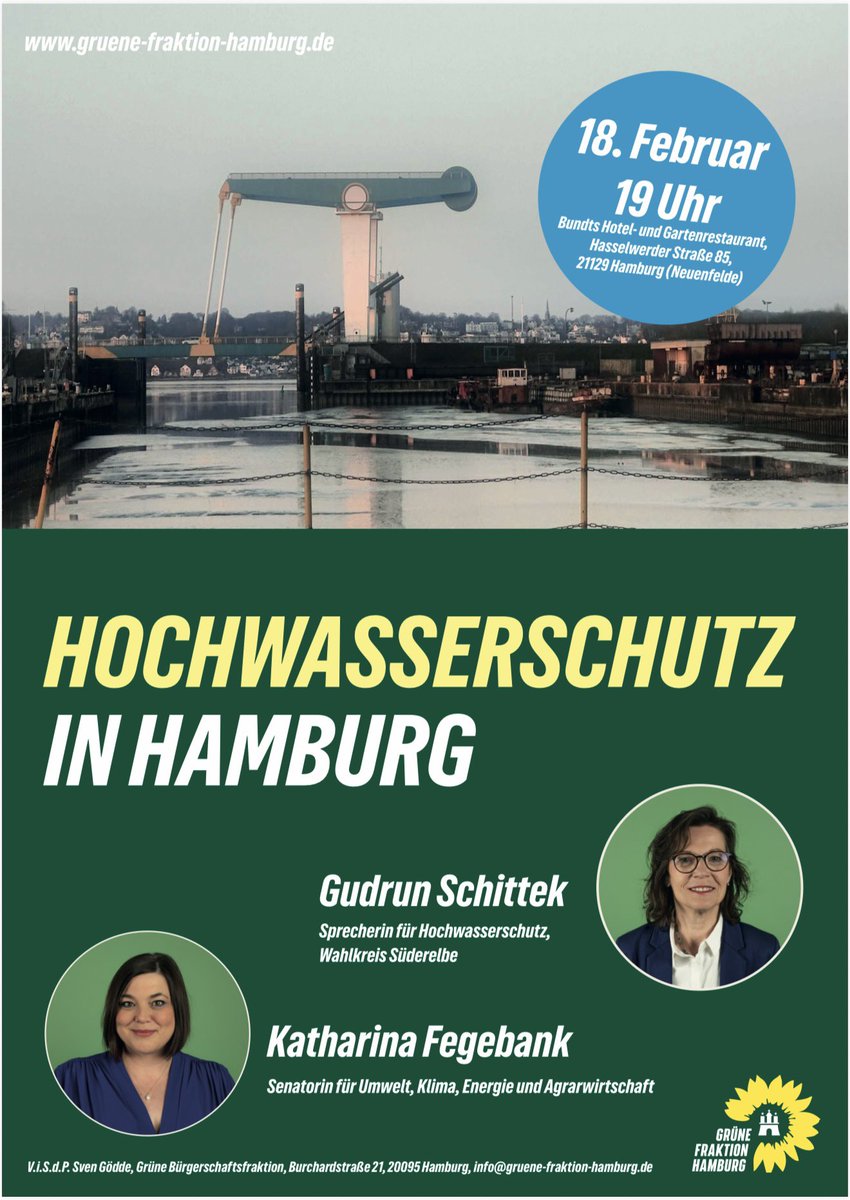 Die Flut von 1962 hat in Hamburg über 300 Menschen das Leben gekostet.Inzwischen sind die Deiche sicher, aber Klimawandel und Erhöhung des Meeresspiegel sind Herausforderungen. Was tut Hamburg? Kommen Sie am 18. Februar  #deicherhöhung ##hochwasserschutz <a href="/fegebanks/">Katharina Fegebank</a> 🌊
