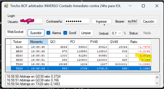 Falsa creencia: IOL no es para AlgoTrading porque no admite WebSockets
Spoiler: sí admite👍

BOT🤖de arbitraje que:
-Obtiene Market Data vía WebSockets (IOL)
-Cursa órdenes por API REST (IOL)
-Aplica la estrategia clásica de tasa + caucho
Gracias <a href="/iolinversiones/">IOL Inversiones</a>  <a href="/diegopizzulli/">Diego Pizzulli</a>