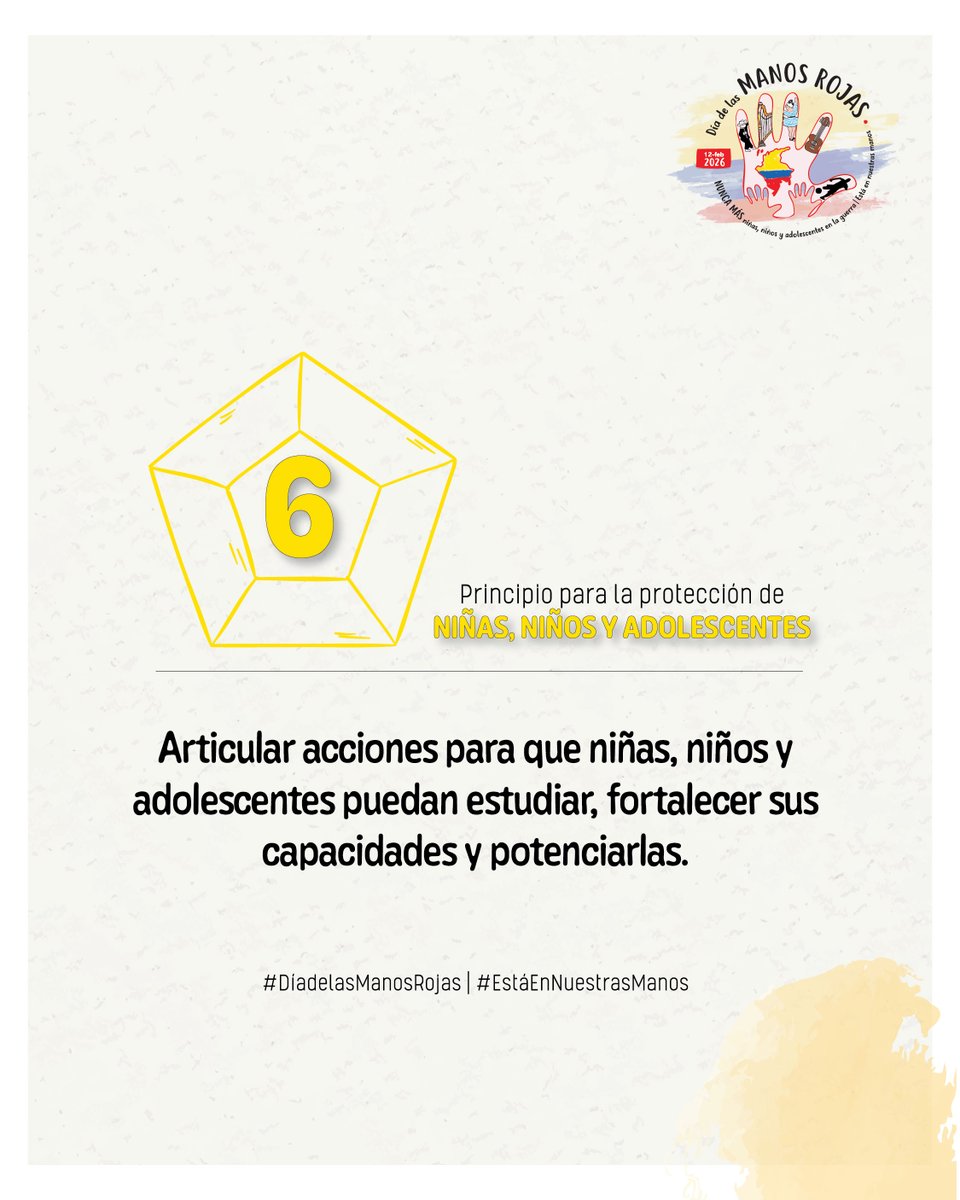 El próximo 12 de febrero, súmate en el reto, conoce los 12 principios para la protección

#EstáEnNuestrasManos, #Articular a familias, sociedad y Estado para fortalecer habilidades, cualidades y proyectos de vida para niñas, niños y adolescentes. 
 #DíadelasManosRojas
<a href="/Ninez_Ya/">NiñezYA – Sociedad Civil por la Niñez</a>