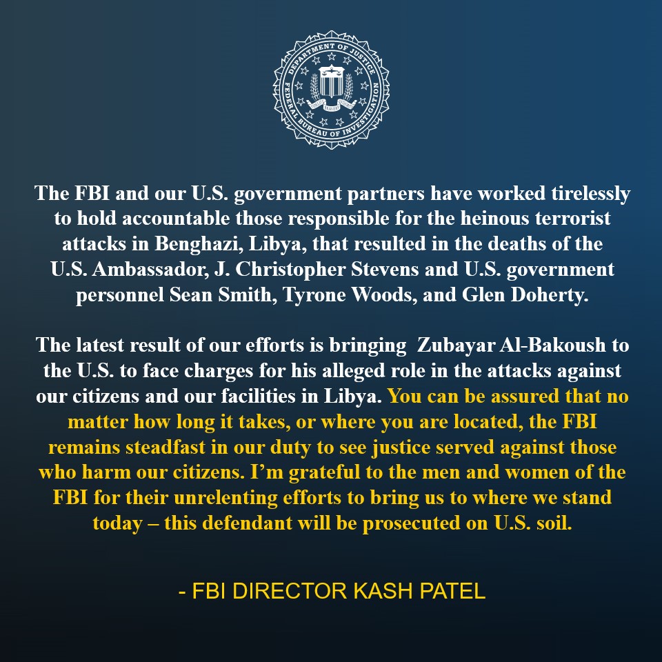 Third Coconspirator in Fatal Benghazi Attacks in U.S. Custody, Charged in Washington D.C. with Murder and Terrorism Counts justice.gov/opa/pr/third-c…