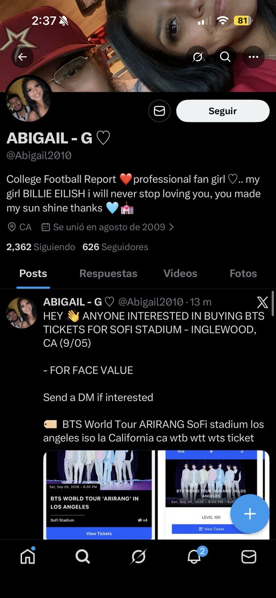 corazononhielo's tweet photo. ‼️NOT SELLING ‼️

‼️THIS PROFILE IS A SCAM‼️

HEY 👋 ANYONE INTERESTED IN BUYING BTS TICKETS FOR SOFI STADIUM - INGLEWOOD, CA (9/05)

- FOR FACE VALUE 

Send a DM if interested 

🏷️  BTS World Tour ARIRANG SoFi stadium los angeles iso la California ca wtb wtt wts ticket https://t.co/TAogEfArje