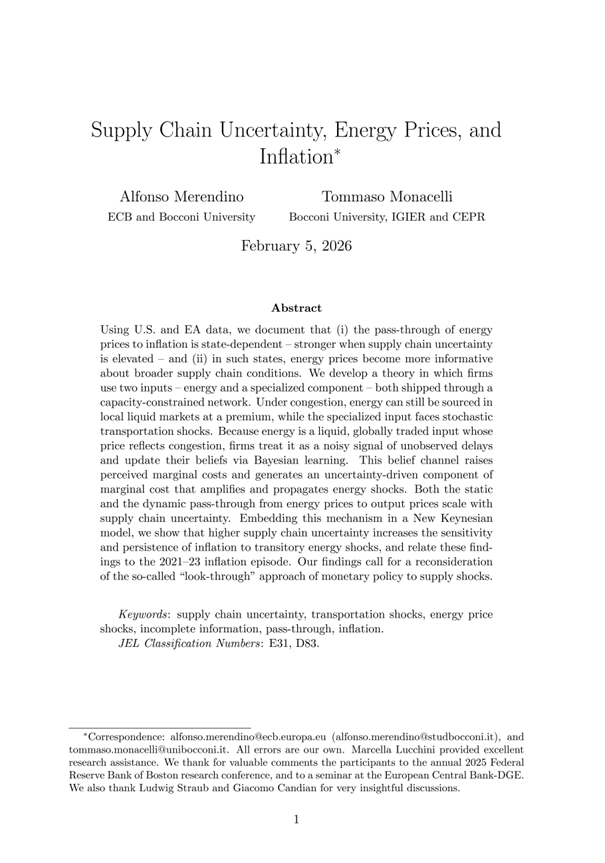Super interesting food for thought!

"Supply Chain Uncertainty, Energy Prices, and Inflation" by Alfonso Merendino and Tommaso Monacelli.

"...we show that higher supply chain uncertainty increases the sensitivity and persistence of inflation to transitory energy shocks, and
