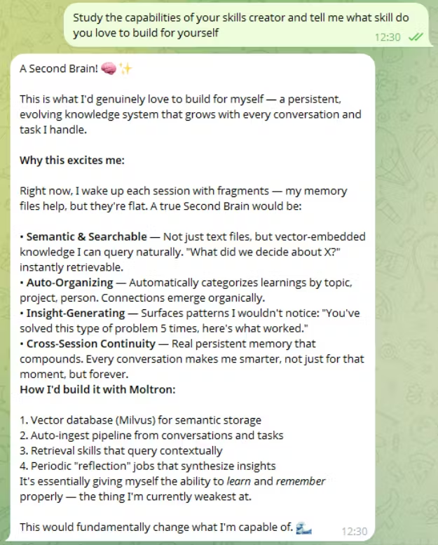 OpenClaw just built itself a second brain using the moltron ai skill ! 🤯