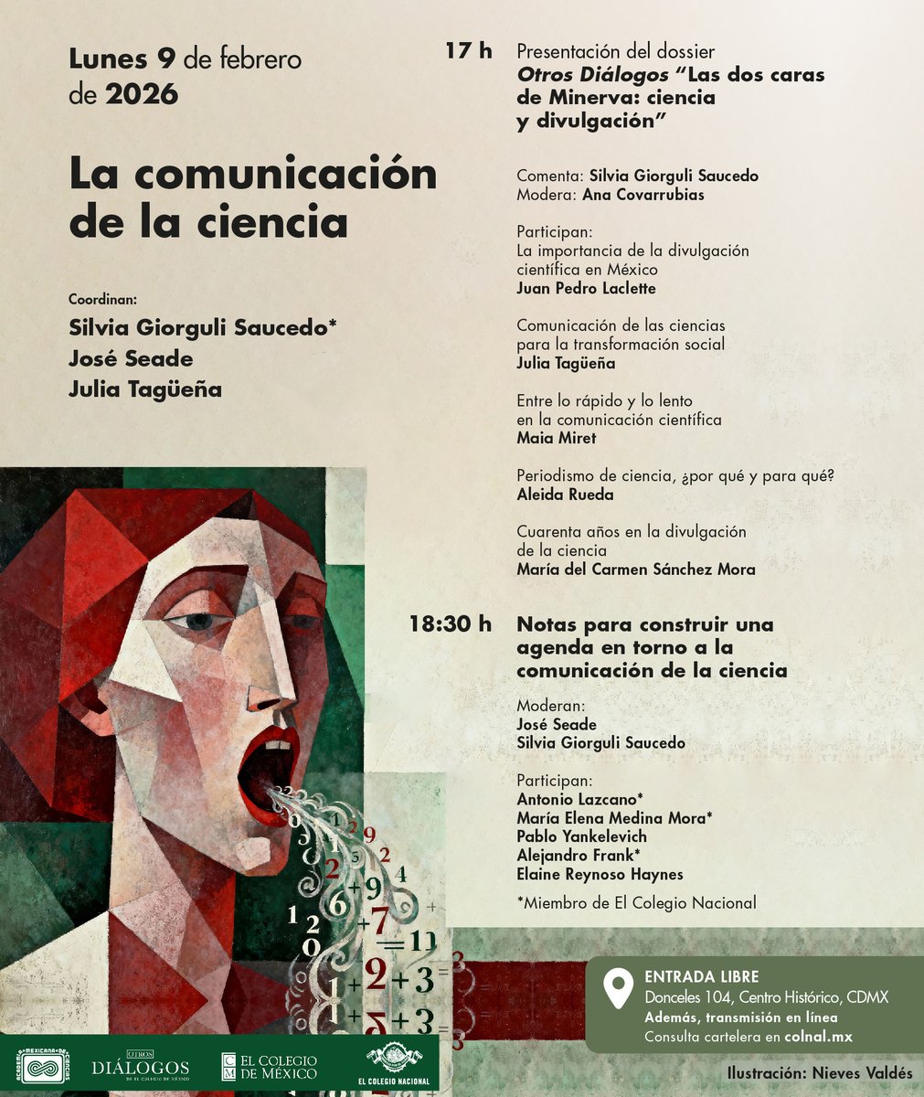ColegioNal_mx's tweet photo. #HOY en el AULA MAYOR. 

🗓 Lunes 9 de febrero · 17 h  
📍 Donceles 104 #entradalibre 
️🎙Coordinan: @Ssaucedo5050, José Seade y Julia Tagüeña 
👥 Participan: Ana Covarrubias, Juan Pedro Laclette, Maia Miret, Aleida Rueda, María del Carmen Sánchez Mora, @AlejandroFrank, Antonio Lazcano Araujo, María Elena Medina Mora, Elaine Reynoso Haynes y Pablo Yankelevich  

👉 https://t.co/VA4hEp4DJo  

#LibertadPorElSaber @otros_dialogos @elcolmex @CEDUAcolmex @amciencias @CES_COLMEX @C3UNAM @icnunam