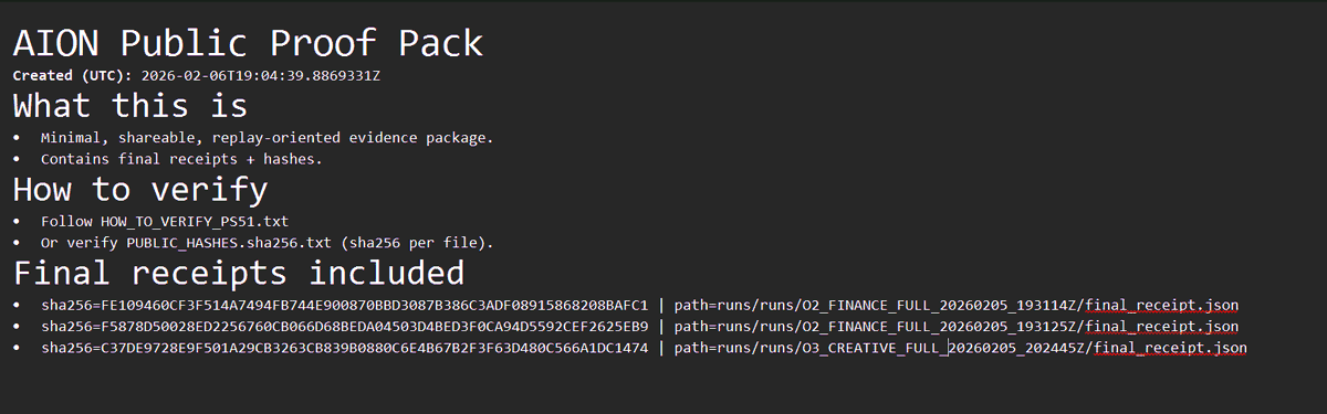AIxAION's tweet photo. This week, I froze and indexed a complete Evidence Bundle:

• 837 files
• all raw model replies (including Grok + Ollama)
• all tools
• all receipts
• all hashes
The bundle verifies cleanly: receipt hashes match exactly.

This is not a demo 
Its an auditable record