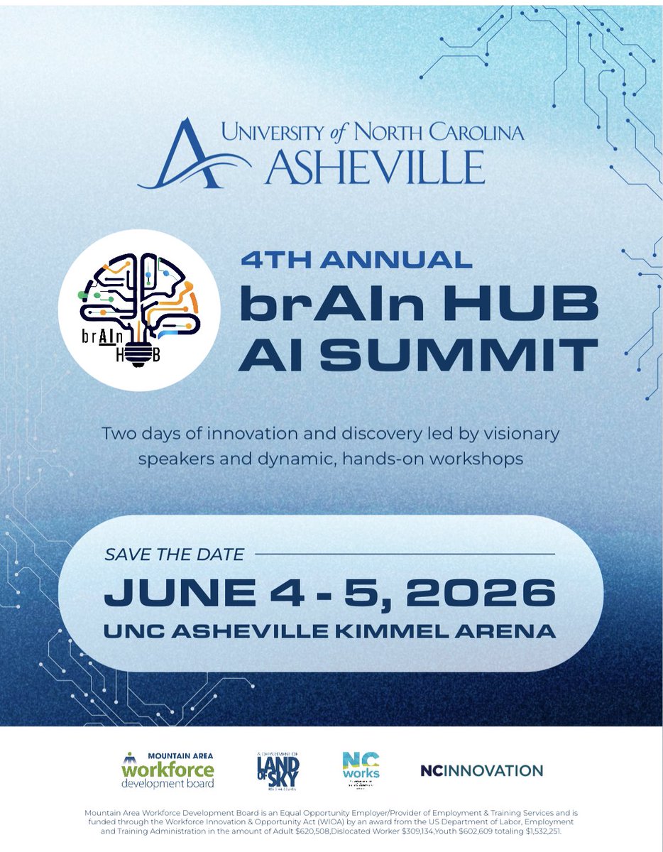 AI Summit coming soon to UNC Asheville. #ncworks #brAInHUB #AI