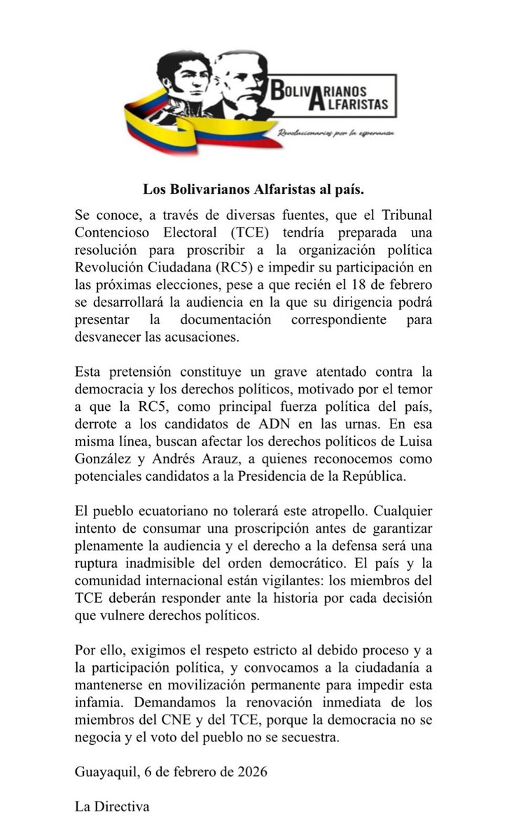 Nuestro pronunciamiento frente a la pretensión de este gobierno ilegitimo. <a href="/MashiRafael/">Rafael Correa</a> <a href="/JorgeGlas/">Jorge Glas</a> <a href="/LuisaGonzalezEc/">Luisa González</a> <a href="/ecuarauz/">Andrés Arauz</a> <a href="/GabrielaEsPais/">Gabriela Rivadeneira</a>