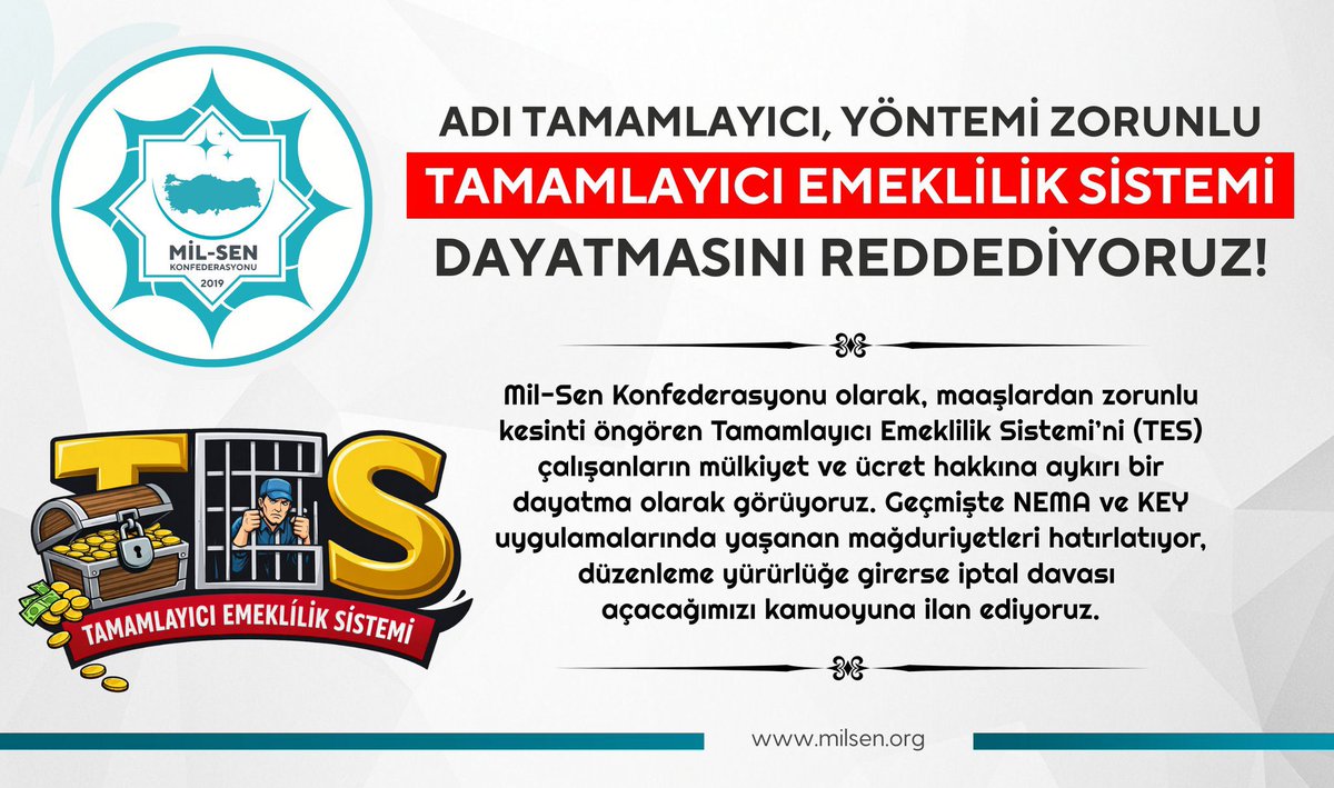 ADI TAMAMLAYICI, YÖNTEMİ ZORUNLU, TES DAYATMASINI REDDEDİYORUZ!

Son günlerde kamuoyuna “tamamlayıcı emeklilik” söylemiyle sunulan Tamamlayıcı Emeklilik Sistemi (TES), isminden bağımsız olarak gerçekte çalışanların maaşından zorunlu kesinti öngören yeni bir mali yük ve cebri
