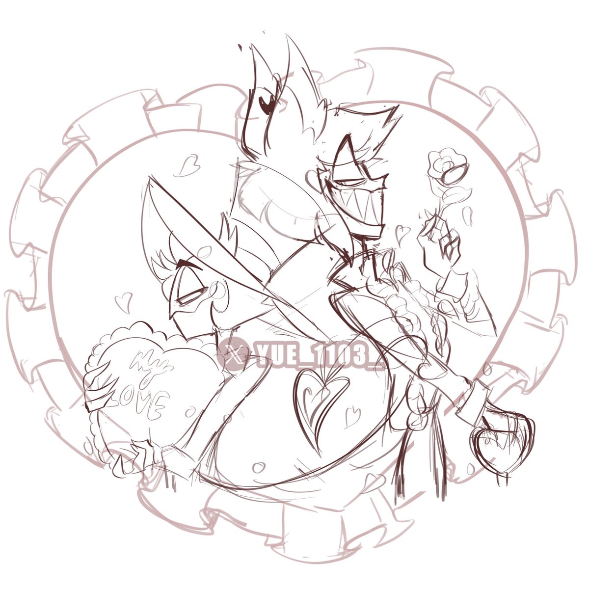 Yue_1103_'s tweet photo. I’m sketching the boys 💕 
*roars*
I need the image in HQ of the Hazbin Hotel Valentine’s Merch to continue 😖🙌🏼💖

#alastor #lucifer #hazbinhotel #radioapple #bambilu https://t.co/98tuSMVR7e