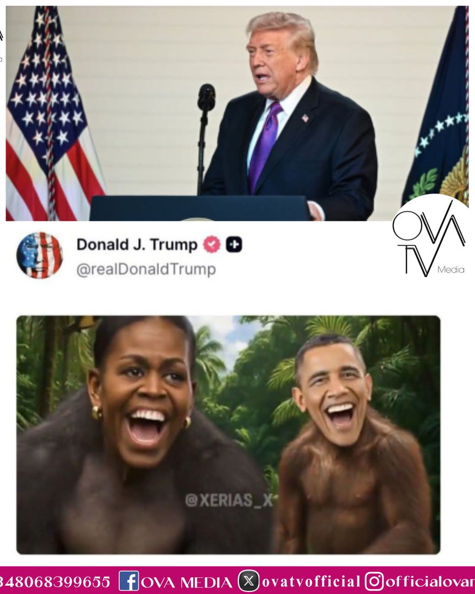 ovatvofficial's tweet image. US President Donald Trump on shared a d!sturbing video that portrayed former President Barack Obama and Michelle Obama as ap€s.