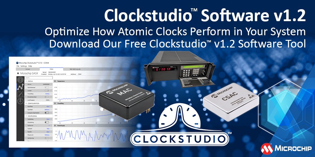 MicrochipTech's tweet image. Clockstudio™ software v1.2 brings improved monitoring, control, and telemetry export for atomic clocks. Manage multiple devices and analyze data with ease. mchp.us/3NyWf6k #Clockstudio #Microchip #Timing