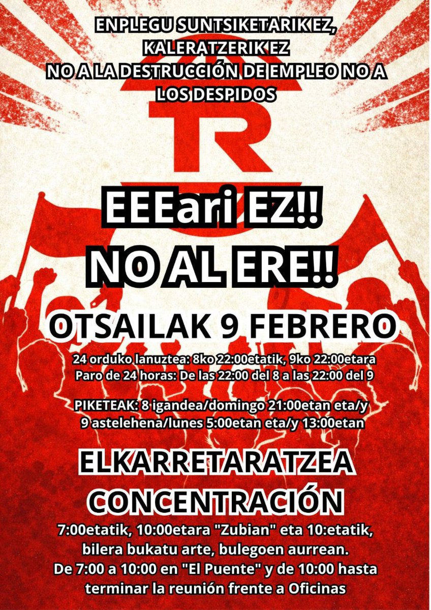 AiaraldeaGreba's tweet image. 🔴 ADI! 🔴

Tubos Reunidoseko langileek 24 orduko lanuztea egingo dute enpresak ezarri nahi dituen kaleratze kolektiboen aurka, eta herritarren babesa eskatu dute.

🏭 Igande eta astelehenean fabrikako sarrerako zubian ikusiko dugu elkar

Aiaraldea defenda dezagun! ✊✊✊