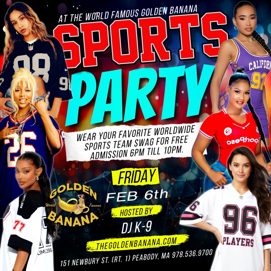 bostonstripclub's tweet photo. TONIGHT, SPORTS PARTY FRIDAY 🏈📷Feb. 6th at The Golden Banana📷@bostonstripclub 📷 DJ K-9 📷 https://t.co/F4a9K2Ajrl #SportsParty #GoldenBanana https://t.co/u2leQBJ7F6